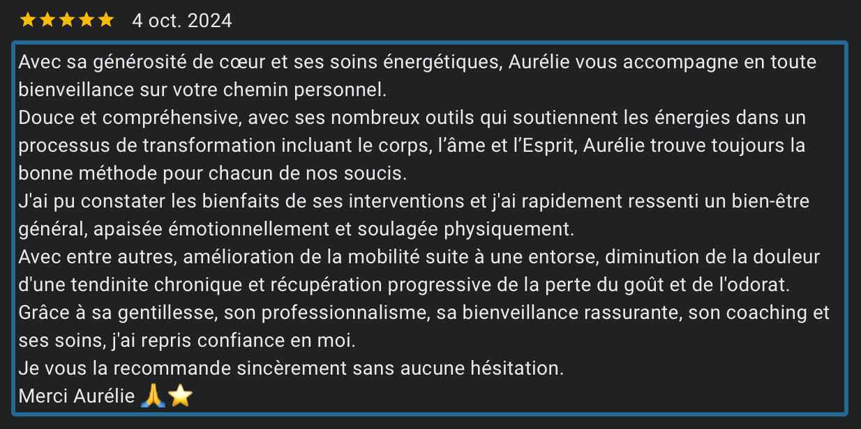 Recommandation pour un soin énergétique complet alignant le corps, l'âme et l'esprit, favorisant une profonde libération émotionnelle avec Aurélie Casano à Nice.