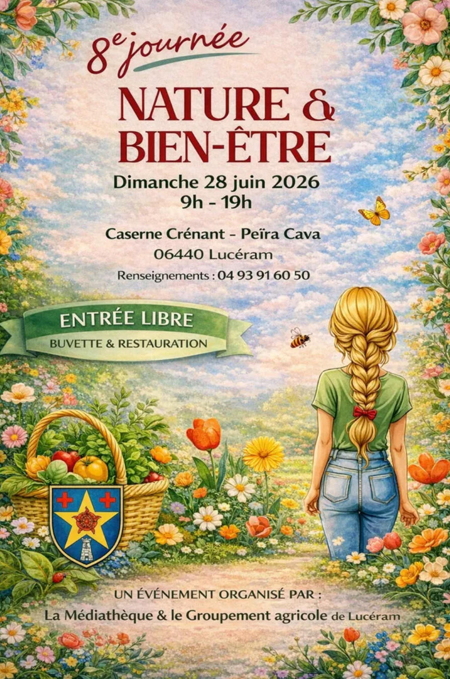 Affiche de la 8ème Journée Nature & Bien-être le dimanche 28 juin 2026 à Lucéram, avec entrée libre, buvette et restauration. Présence d'Aurélie Casano - Soul Shiner pour des lectures d'âme et soins énergétiques.